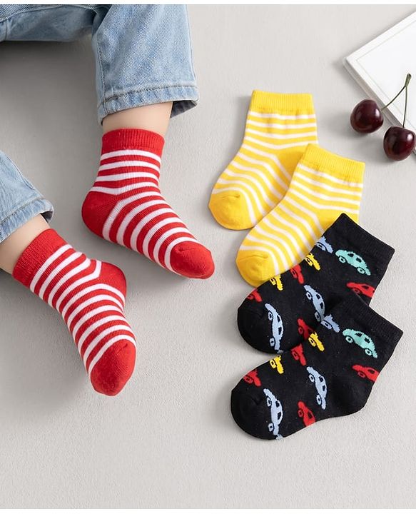 Cute Walk by Babyhug Knit Ankle Length Anti Bacterial Socks with Stripes & Car Design Pack of 3 - Yellow Black & Red
