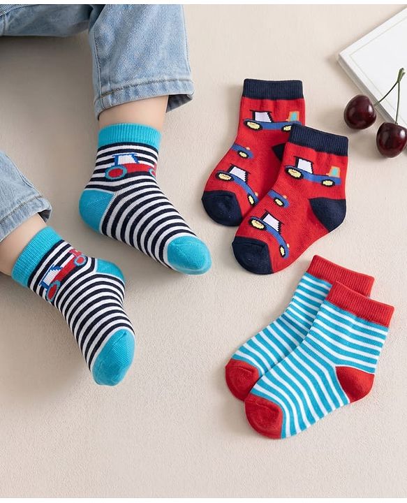 Cute Walk by Babyhug Knit Ankle Length Anti Bacterial Socks with Stripes & Car Design Pack of 3 - Red & Light Blue