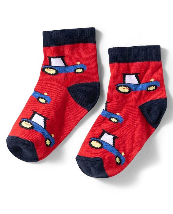 Cute Walk by Babyhug Knit Ankle Length Anti Bacterial Socks with Stripes & Car Design Pack of 3 - Red & Light Blue