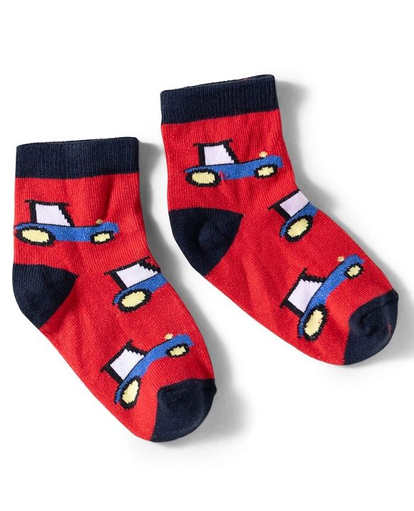 Cute Walk by Babyhug Knit Ankle Length Anti Bacterial Socks with Stripes & Car Design Pack of 3 - Red & Light Blue