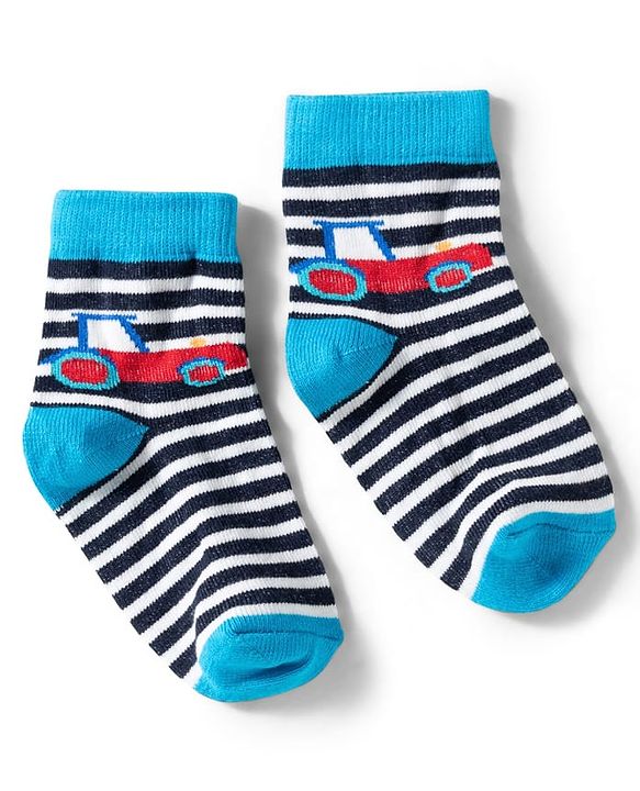 Cute Walk by Babyhug Knit Ankle Length Anti Bacterial Socks with Stripes & Car Design Pack of 3 - Red & Light Blue