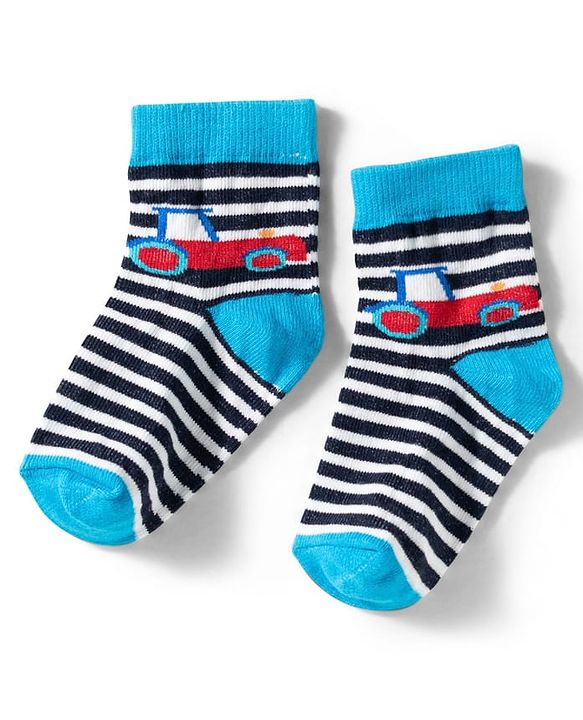 Cute Walk by Babyhug Knit Ankle Length Anti Bacterial Socks with Stripes & Car Design Pack of 3 - Red & Light Blue