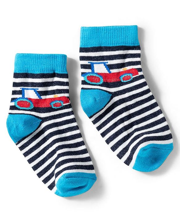 Cute Walk by Babyhug Knit Ankle Length Anti Bacterial Socks with Stripes & Car Design Pack of 3 - Red & Light Blue