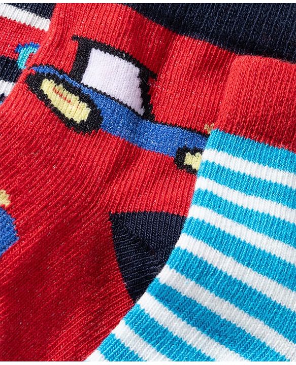 Cute Walk by Babyhug Knit Ankle Length Anti Bacterial Socks with Stripes & Car Design Pack of 3 - Red & Light Blue