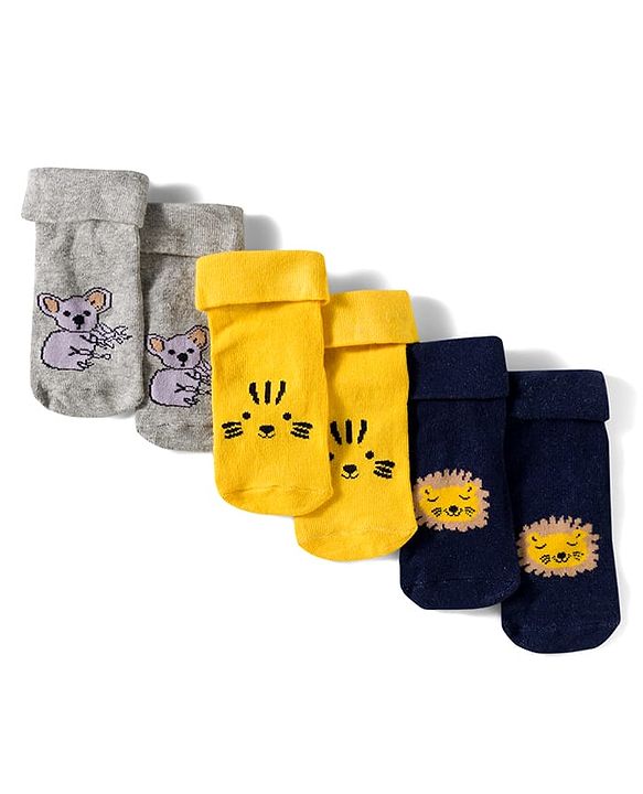 Cute Walk by Babyhug Knit Ankle Length Antibacterial Socks With Animal Design Pack Of 3 - Yellow Grey & Black