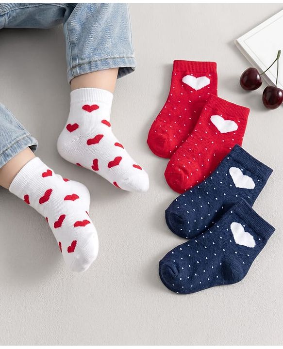 Cute Walk By Babyhug Knit Ankle Length Anti-Bacterial Socks with Heart & Polka Design Pack of 3 -Red & White Navy Blue