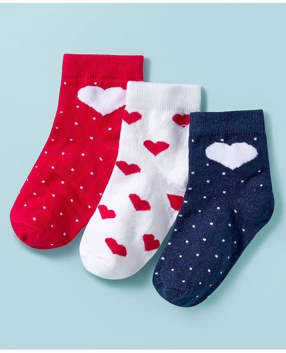 Cute Walk By Babyhug Knit Ankle Length Anti-Bacterial Socks with Heart & Polka Design Pack of 3 -Red & White Navy Blue