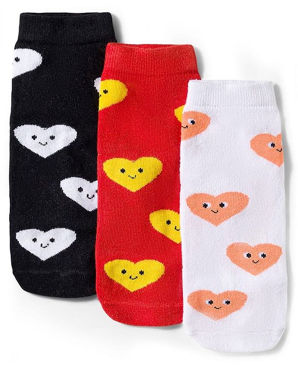 Cute Walk by Babyhug Knit Ankle Length Antibacterial Socks With Heart Design Pack Of 3 - Red Black & White