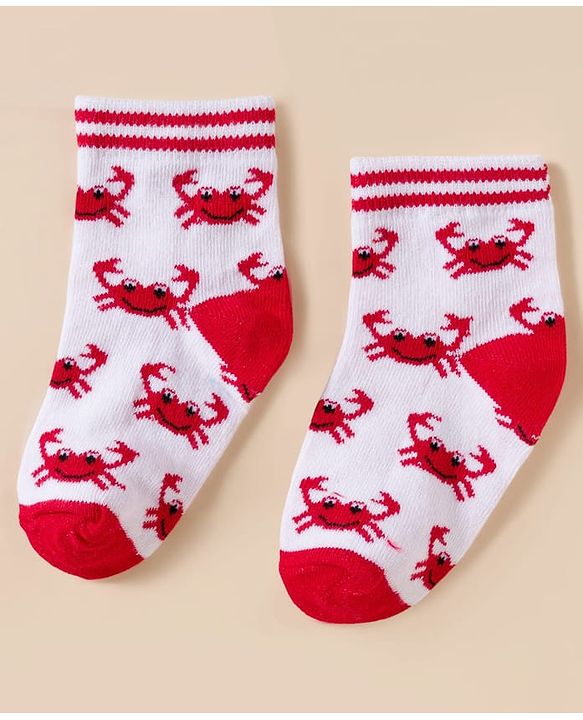 Cute Walk By Babyhug Knit Ankle Length Anti-Bacterial Socks with Stripe Crab & Polka Dot Design Pack of 3 -Blue Red & White