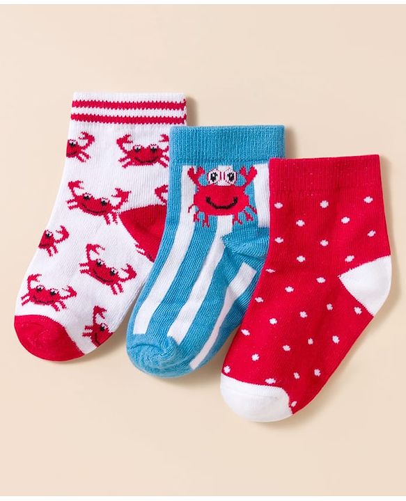Cute Walk By Babyhug Knit Ankle Length Anti-Bacterial Socks with Stripe Crab & Polka Dot Design Pack of 3 -Blue Red & White