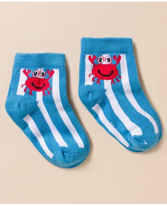 Cute Walk By Babyhug Knit Ankle Length Anti-Bacterial Socks with Stripe Crab & Polka Dot Design Pack of 3 -Blue Red & White