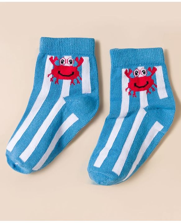Cute Walk By Babyhug Knit Ankle Length Anti-Bacterial Socks with Stripe Crab & Polka Dot Design Pack of 3 -Blue Red & White