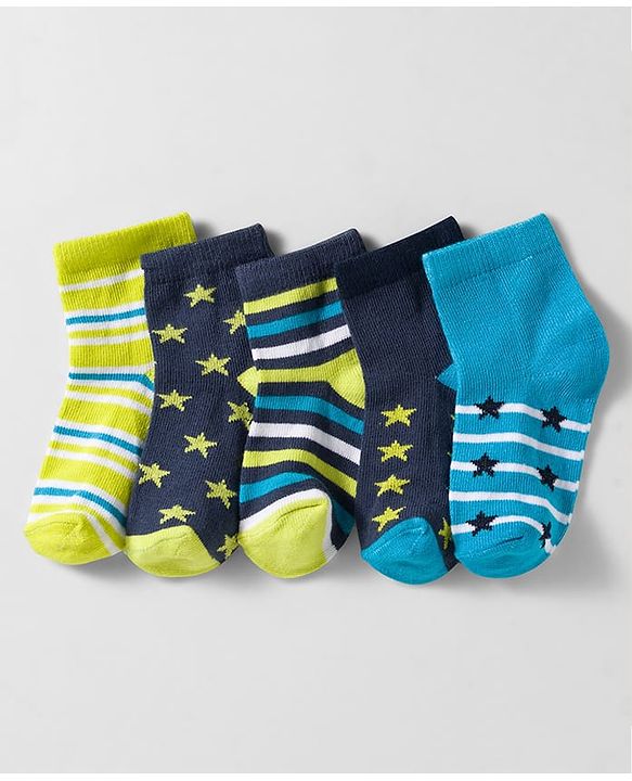 Cutewalk by Babyhug Knit Ankle Length Anti Bacterial Socks With Stripes & Star Design Pack Of 5 - Multicolour