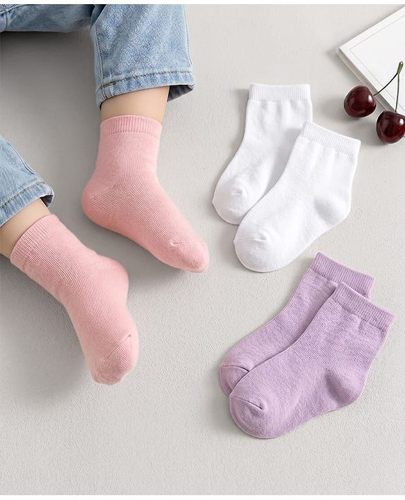 Cute Walk by Babyhug Knit Ankle Length Anti Bacterial Solid Color Socks Pack of 3 - Lilac White & Pink