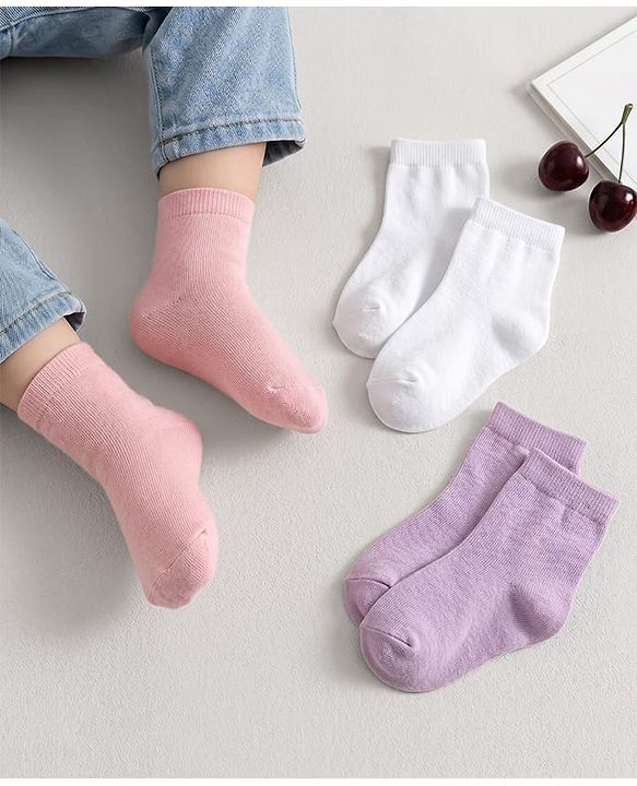 Cute Walk by Babyhug Knit Ankle Length Anti Bacterial Solid Color Socks Pack of 3 - Lilac White & Pink