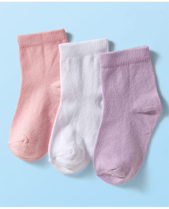Cute Walk by Babyhug Knit Ankle Length Anti Bacterial Solid Color Socks Pack of 3 - Lilac White & Pink