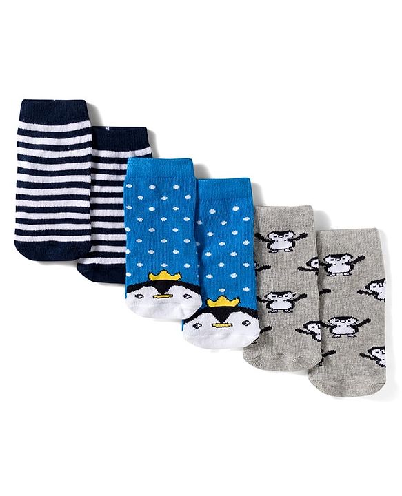 Cute Walk by Babyhug Knit Ankle Length Anitbacterial Socks With  Stripes Pack Of 3 - Blue Black & Grey
