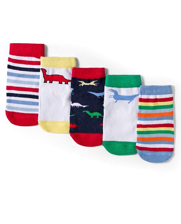Cute Walk by Babyhug Knit Ankle Length Anti-Bacterial Striped & Dino Designed Socks Pack of 5 - Multicolor