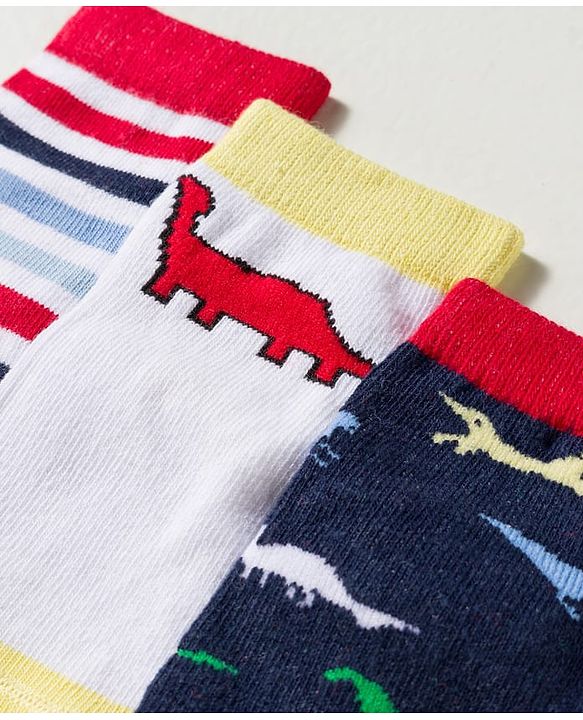 Cute Walk by Babyhug Knit Ankle Length Anti-Bacterial Striped & Dino Designed Socks Pack of 5 - Multicolor