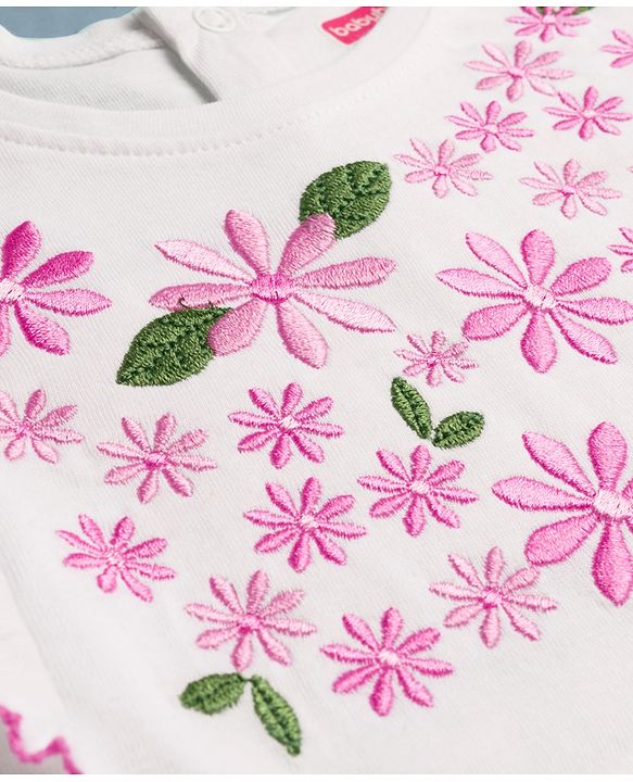 Babyhug 100% Cotton Knit Full Sleeves Top With Floral Embroidery - White
