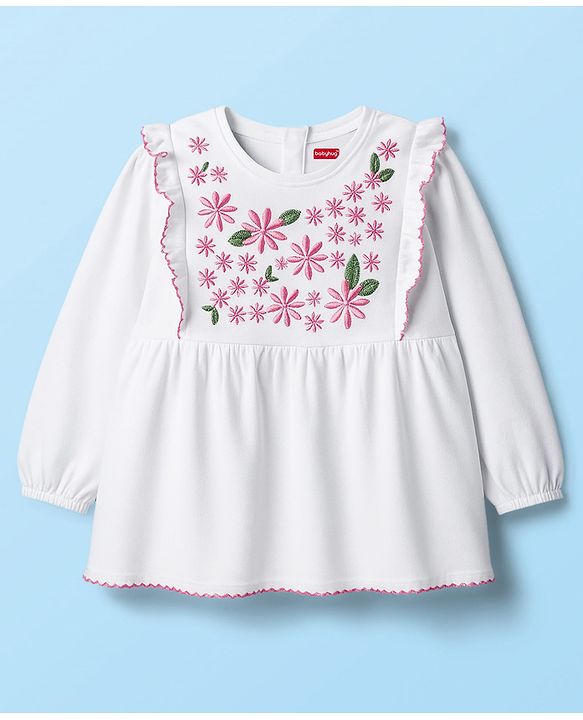 Babyhug 100% Cotton Knit Full Sleeves Top With Floral Embroidery - White