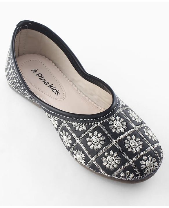 Pine Kids Slip On Mojaris  with Embroidery - Black & Gold