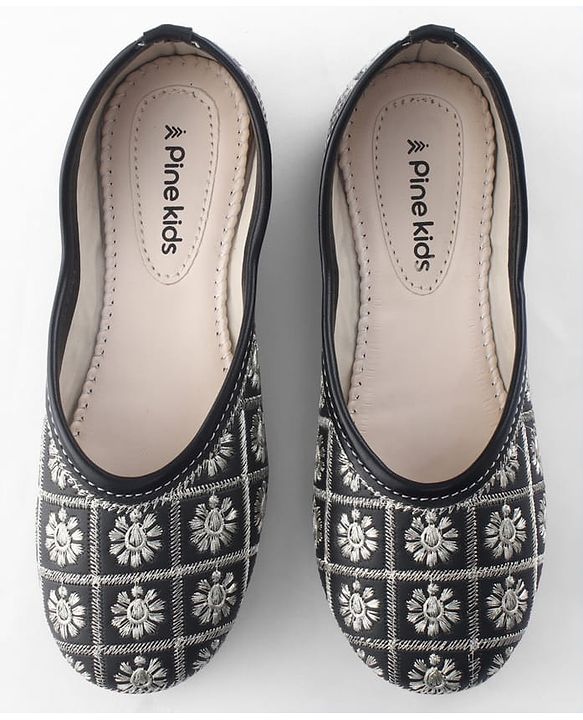 Pine Kids Slip On Mojaris  with Embroidery - Black & Gold