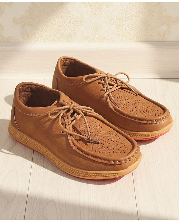 Pine Kids Formal Shoes With Lace Textured Design - Tan