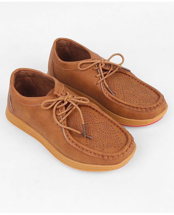 Pine Kids Formal Shoes With Lace Textured Design - Tan