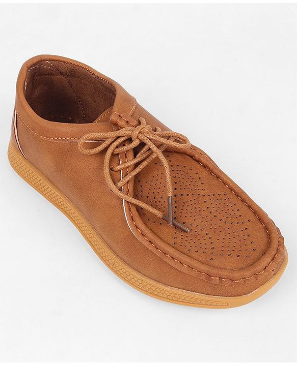 Pine Kids Formal Shoes With Lace Textured Design - Tan