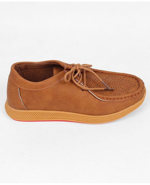 Pine Kids Formal Shoes With Lace Textured Design - Tan