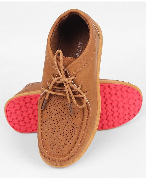 Pine Kids Formal Shoes With Lace Textured Design - Tan