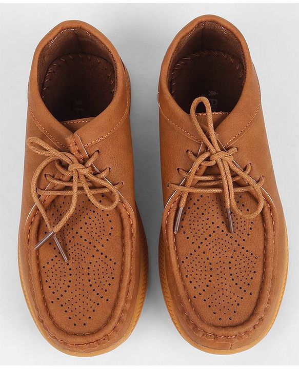 Pine Kids Formal Shoes With Lace Textured Design - Tan