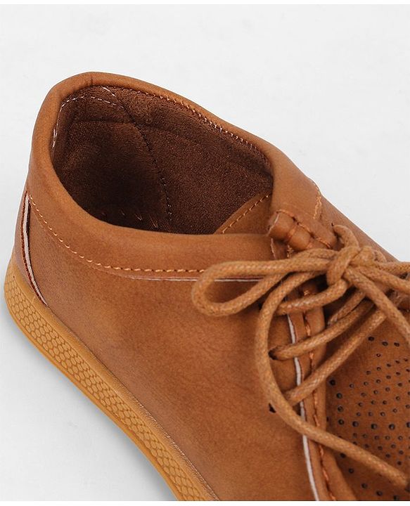 Pine Kids Formal Shoes With Lace Textured Design - Tan