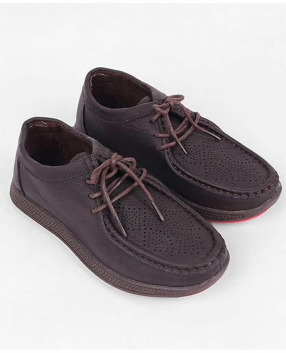 Pine Kids Formal Shoes With Lace Textured Design - Tan