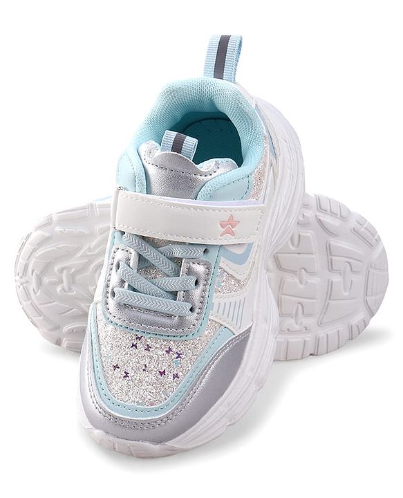 Cute Walk by Babyhug Velcro Closure Foil Printed Sneakers with Lace Detailing - Light Blue