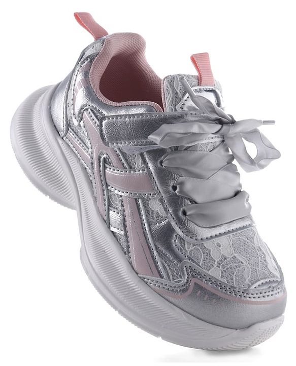 Pine Kids Lace Up Sneaker Shoes With Floral Embroidery - Pink