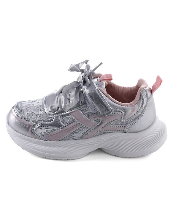 Pine Kids Lace Up Sneaker Shoes With Floral Embroidery - Pink