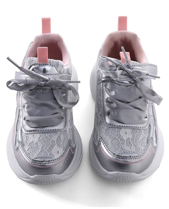 Pine Kids Lace Up Sneaker Shoes With Floral Embroidery - Pink