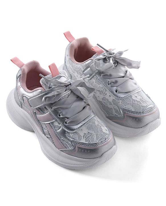 Pine Kids Lace Up Sneaker Shoes With Floral Embroidery - Pink