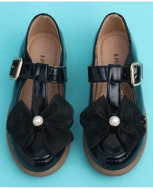 Pine Kids Buckle Closure Closed Toe Ballerina with Bow Applique - Black