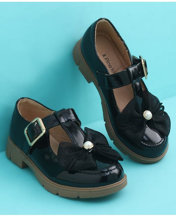 Pine Kids Buckle Closure Closed Toe Ballerina with Bow Applique - Black