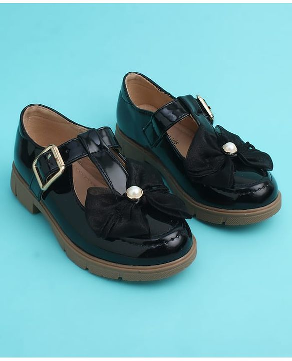 Pine Kids Buckle Closure Closed Toe Ballerina with Bow Applique - Black