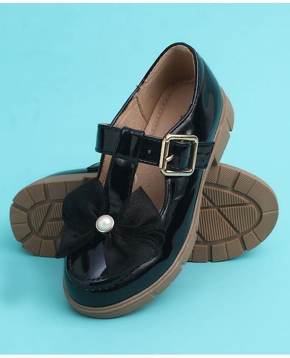 Pine Kids Buckle Closure Closed Toe Ballerina with Bow Applique - Black