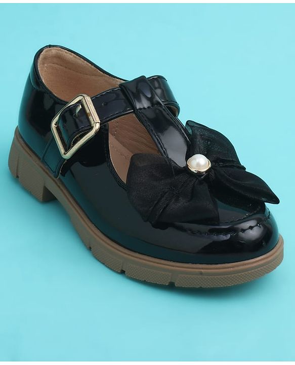 Pine Kids Buckle Closure Closed Toe Ballerina with Bow Applique - Black