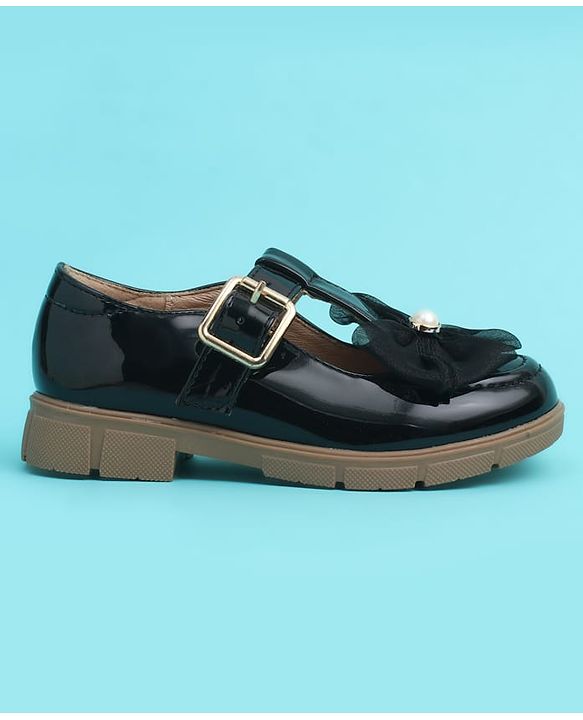 Pine Kids Buckle Closure Closed Toe Ballerina with Bow Applique - Black