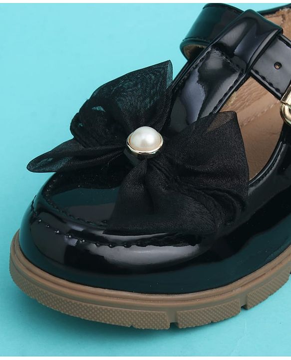 Pine Kids Buckle Closure Closed Toe Ballerina with Bow Applique - Black