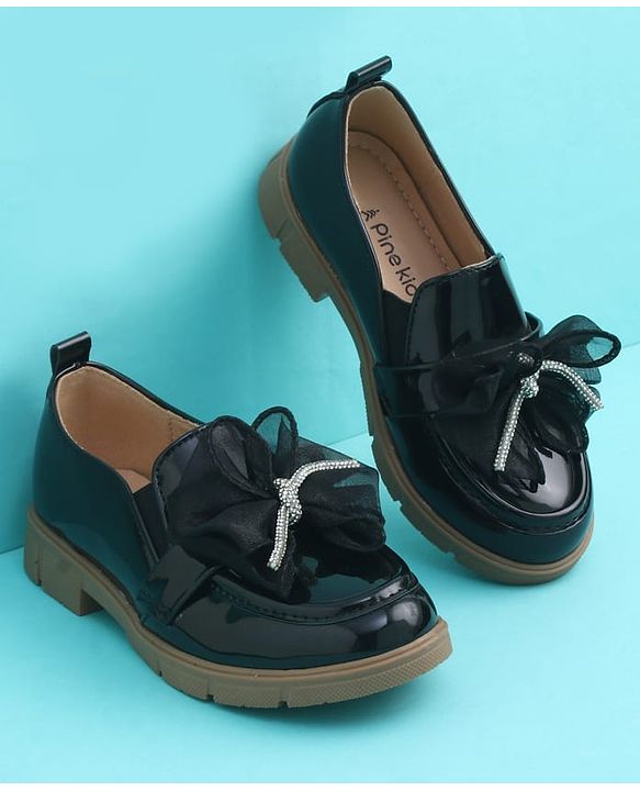 Pine Kids Slip On Closed Toe Ballerina with Bow Applique - Black