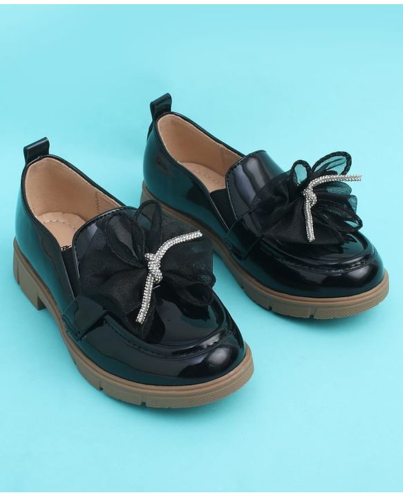 Pine Kids Slip On Closed Toe Ballerina with Bow Applique - Black