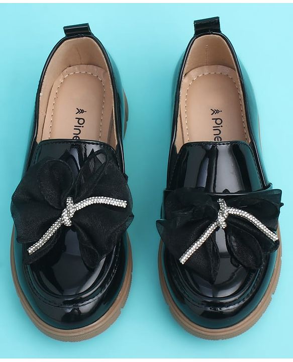 Pine Kids Slip On Closed Toe Ballerina with Bow Applique - Black